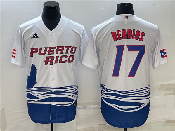 Men's Dominican Republic Baseball #17 José Berríos 2023 White World Baseball Classic Stitched Jersey